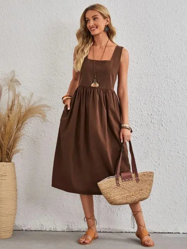 Women Solid Square Neck Tie Back Dress