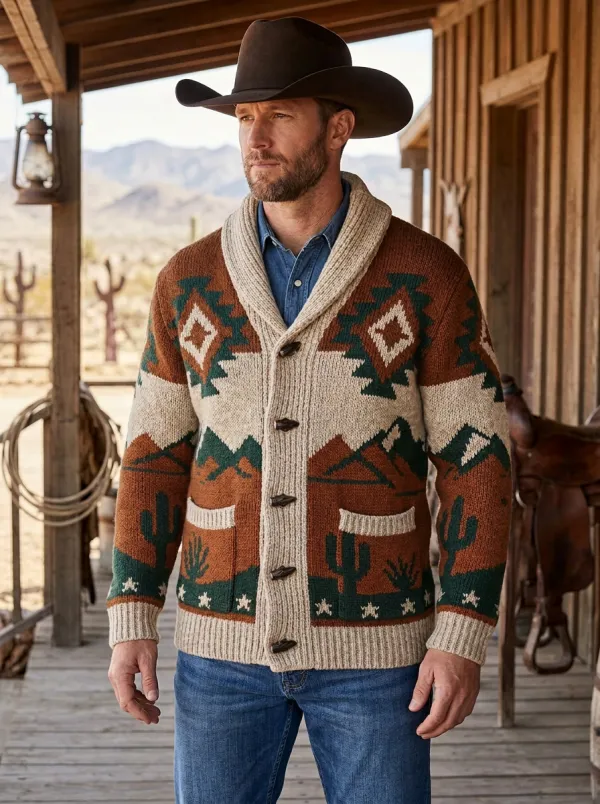 Range Rider Cactus Desert Mountain Style Men's Western Cardigan