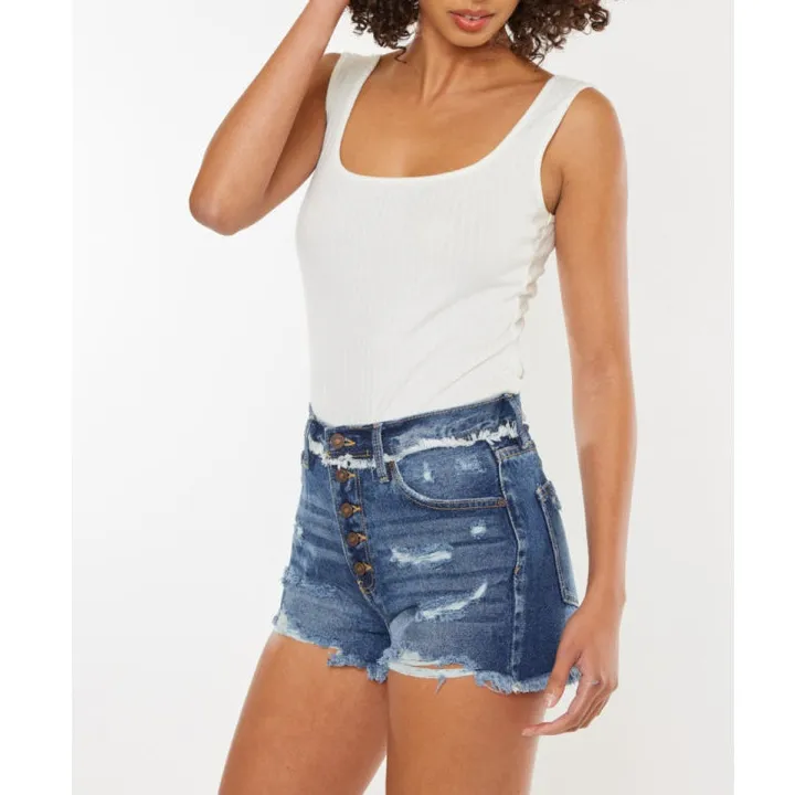Distressed Button Fly Denim Shorts