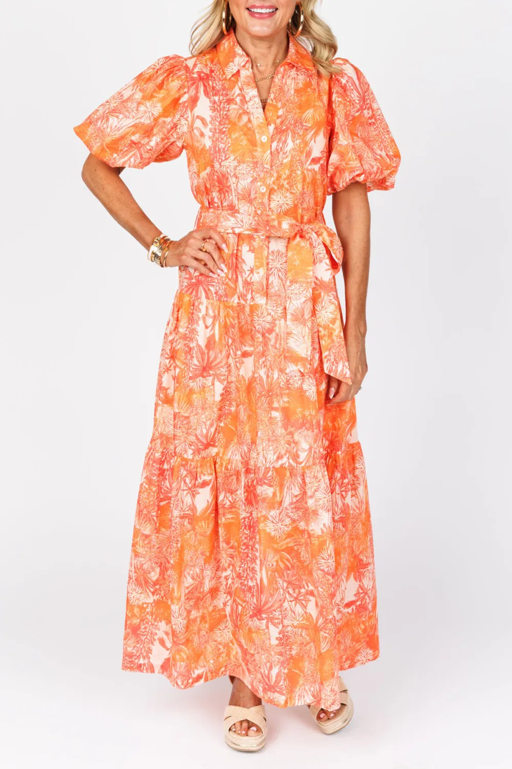 Orange Puff Sleeve Tie-Waist Midi Dress