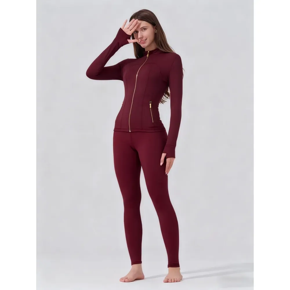 【Golden Zipper】【Gardenia Fragrance】Soft Brushed Women's Sporty Jacket, 25'' Inseam Leggings. Golden Zipper Jacket with Pockets, Yoga Pants, Thumbholes Design, Casual Wear for Women
