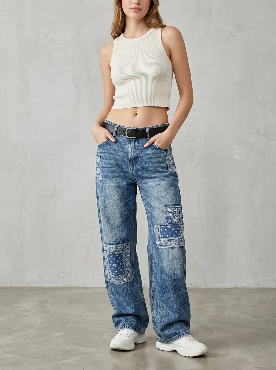 Women's Vintage Style Blue Bandana Patchwork Printed Jeans
