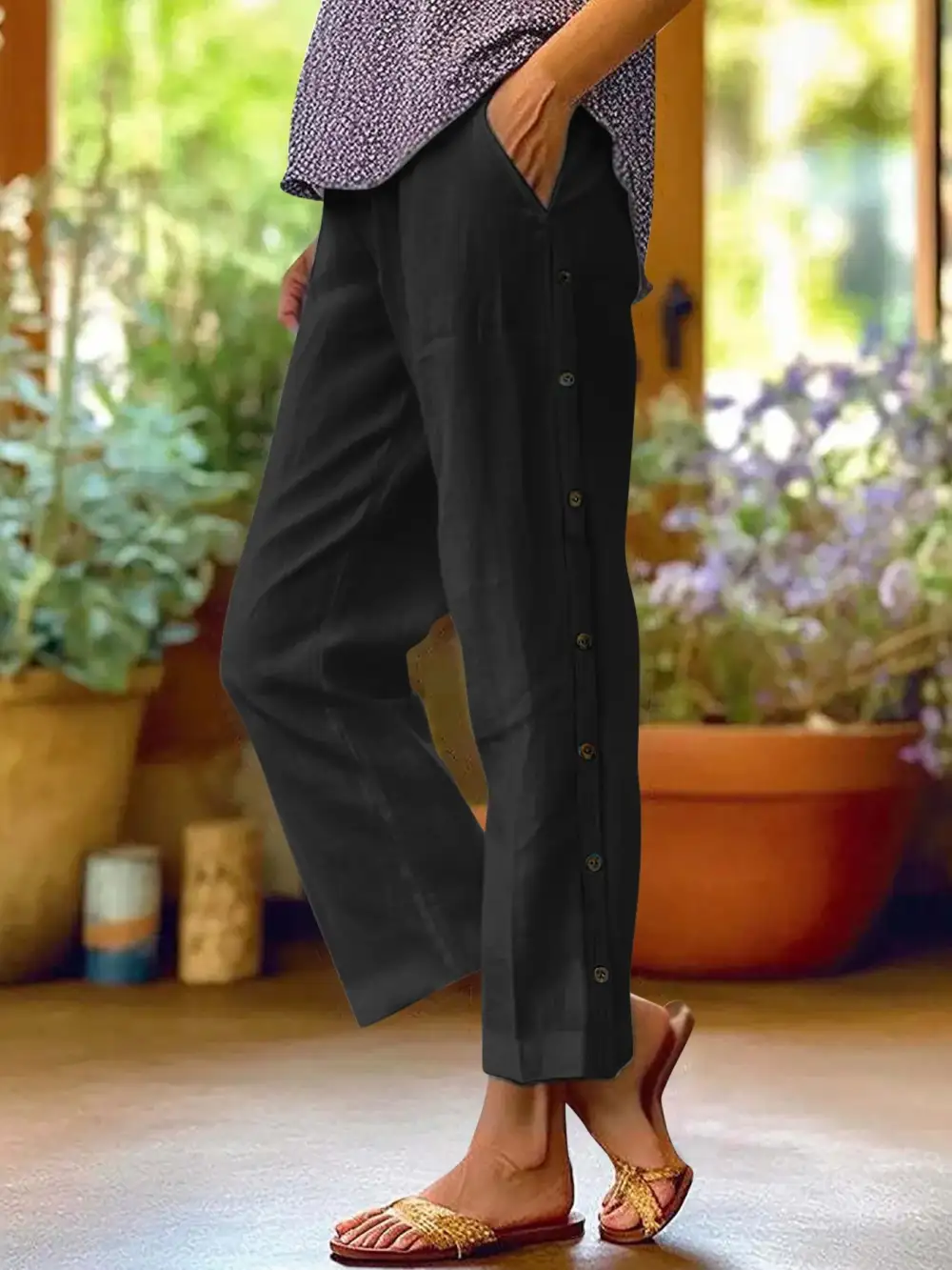 Side Decor Button Casual Wide Leg Pants