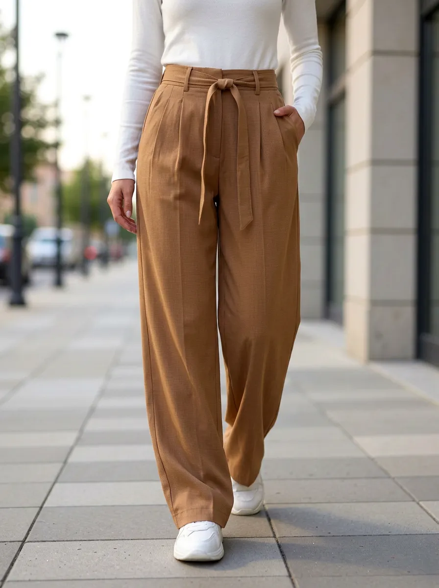Women's Casual High-Waisted Tie-Front Wide-Leg Trousers