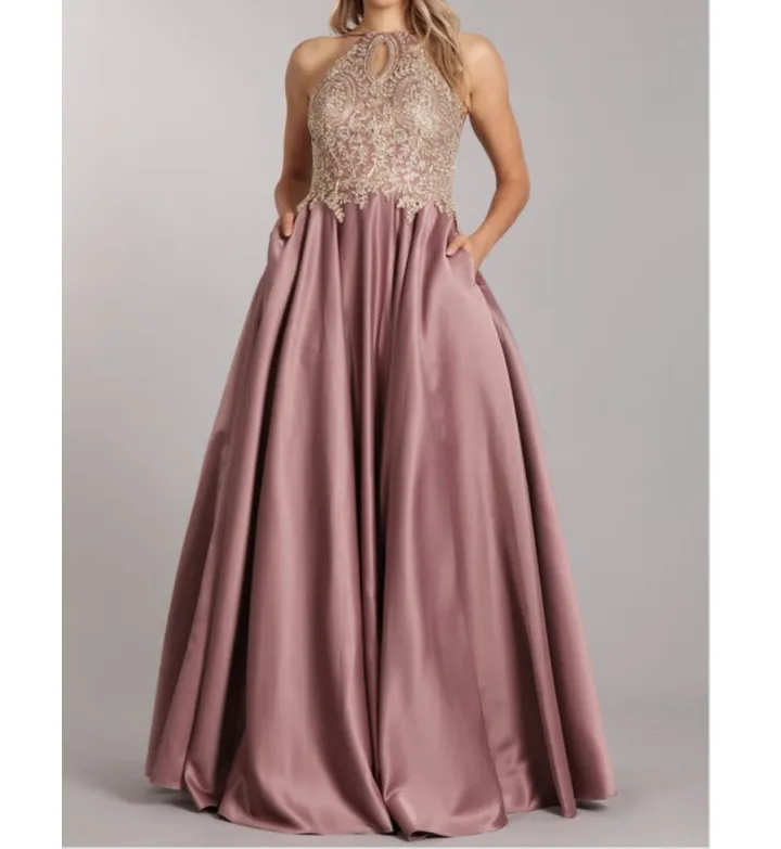 Ballgown with Keyhole Detail Neckline with Rhinestone Embellishment and Pockets