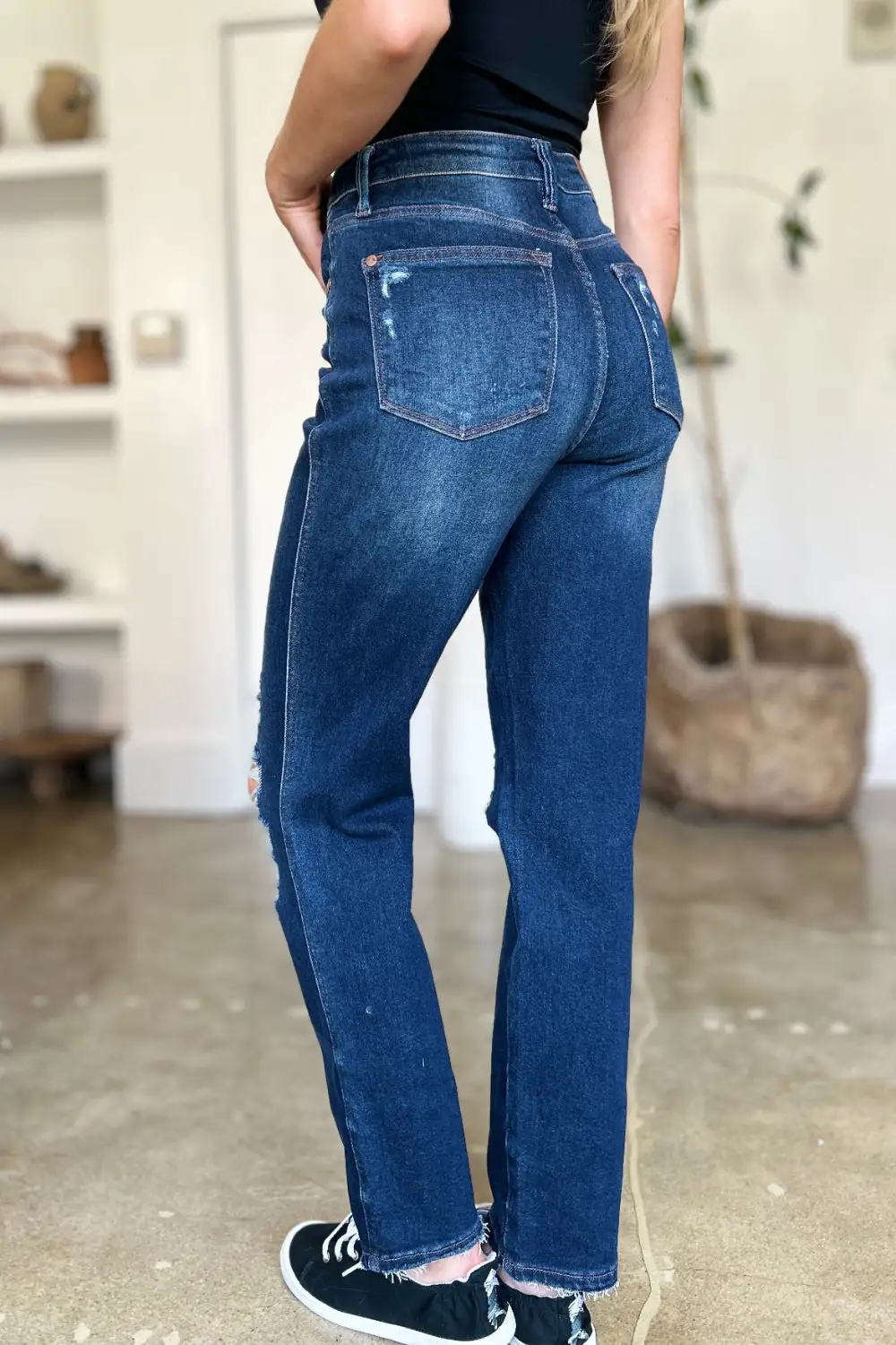High-Waist Raw-Hem Distressed Washed Straight Leg Jeans
