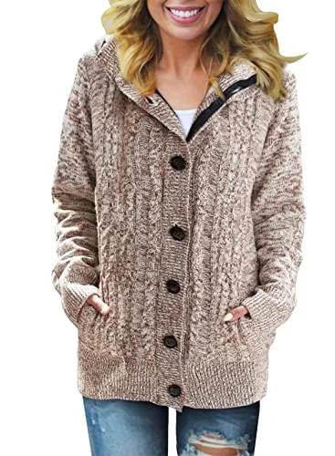 Women Hooded Knit Cardigans Button Cable Sweater Coat