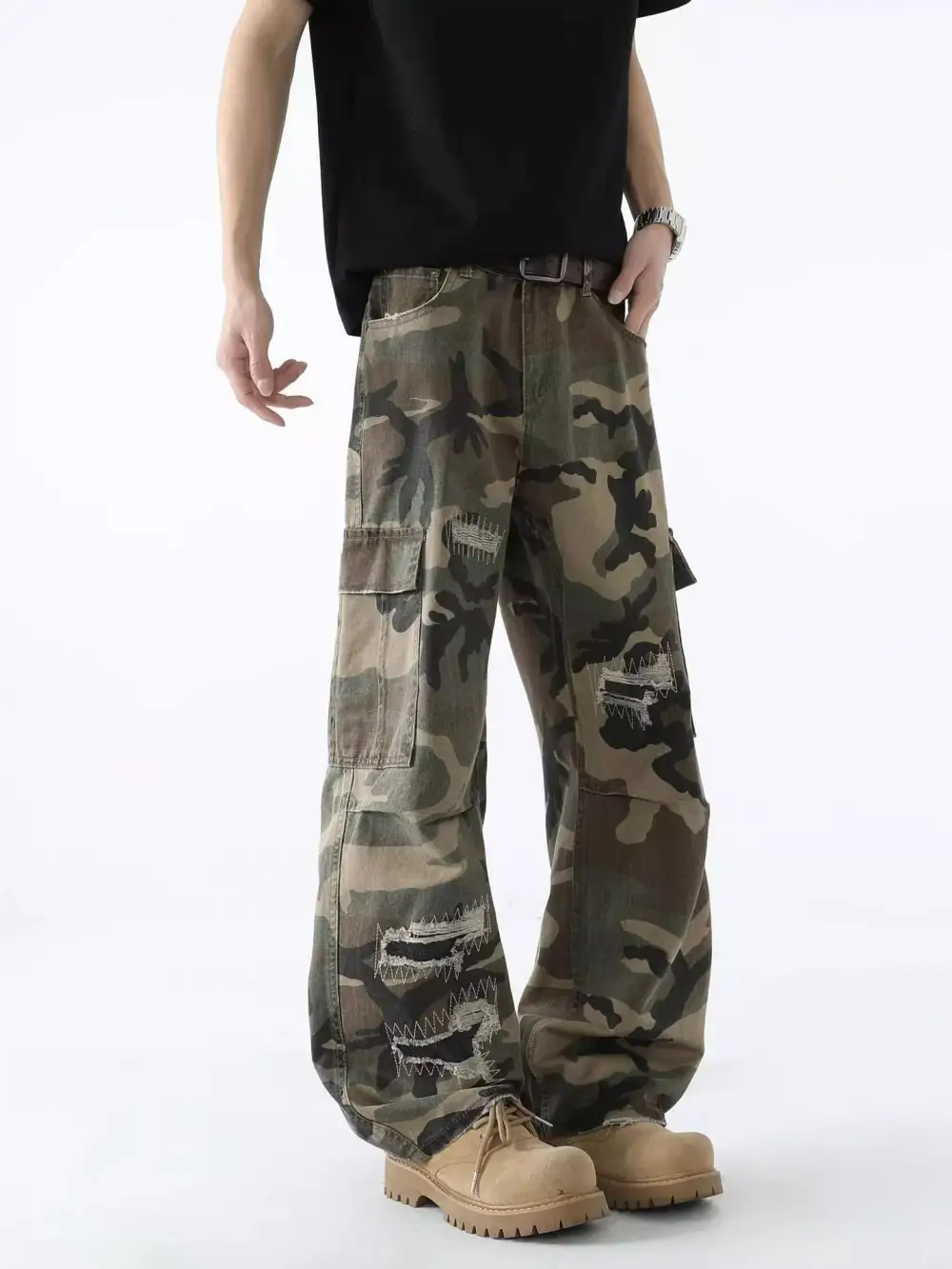 Men's Full Size Distressed Camouflage Wide Leg Jeans Plus Size