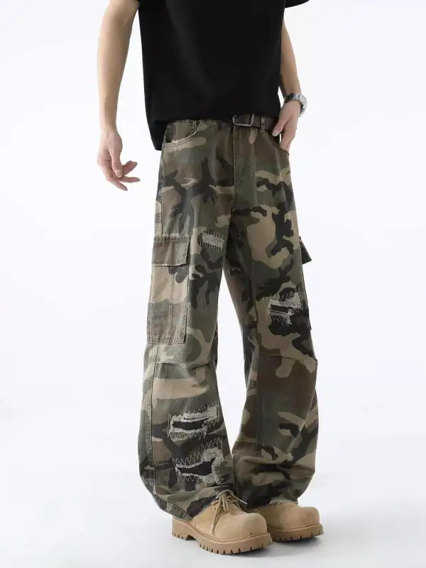 Men's Full Size Distressed Camouflage Wide Leg Jeans Plus Size