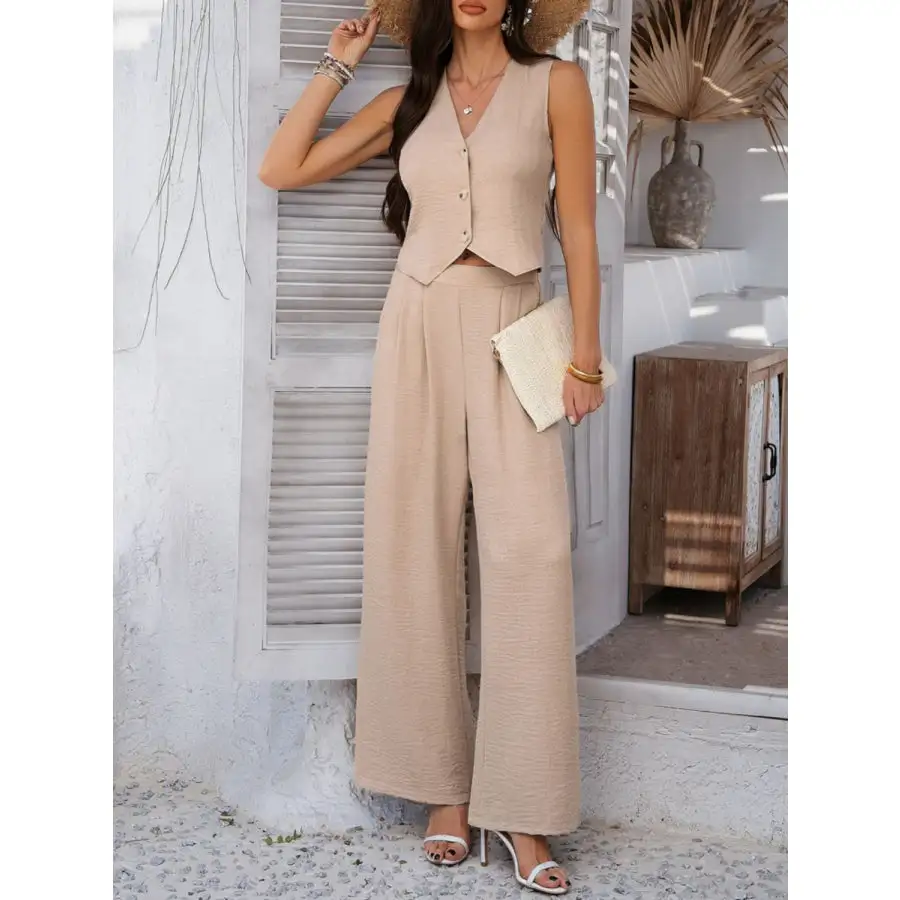 Button Down Vest and Wide Leg Pants Set