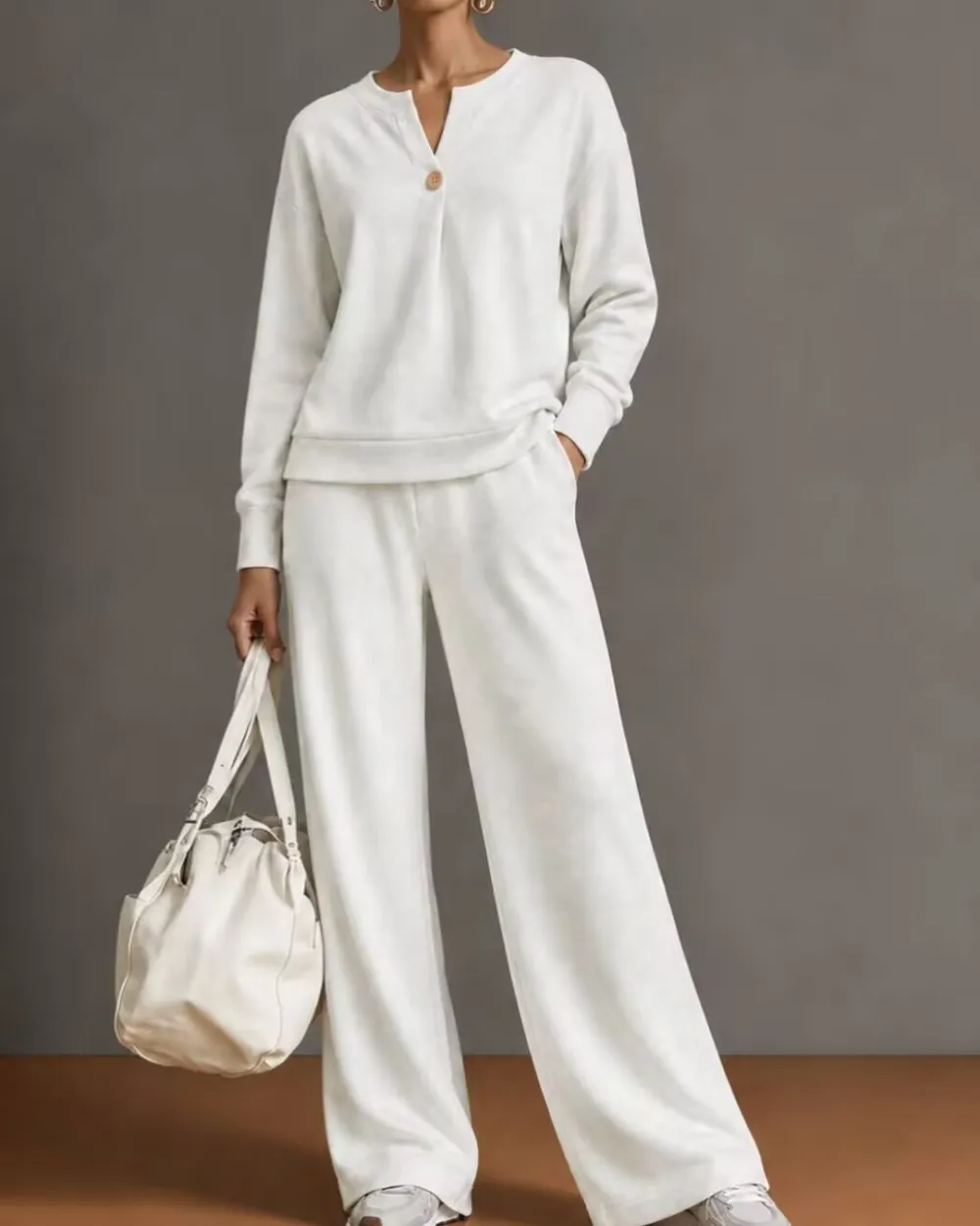 V-Neck One-Button Sweatshirt Set
