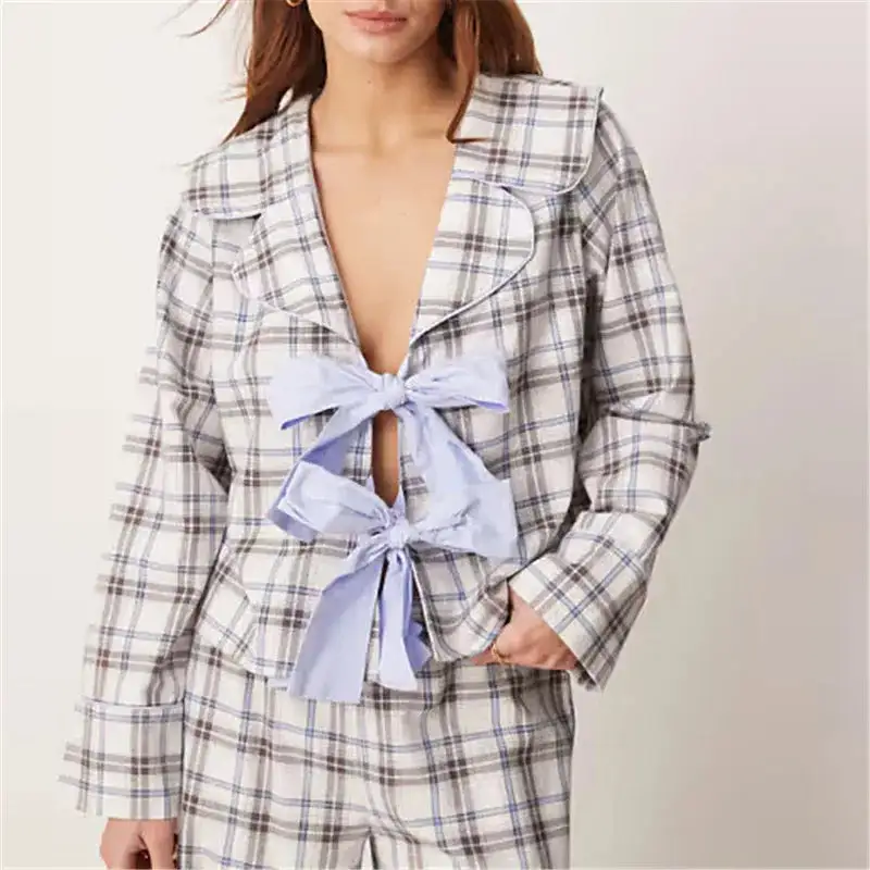 Long Sleeve Bow Tie Front Tops with Elastic Waist Pants Lounge Set