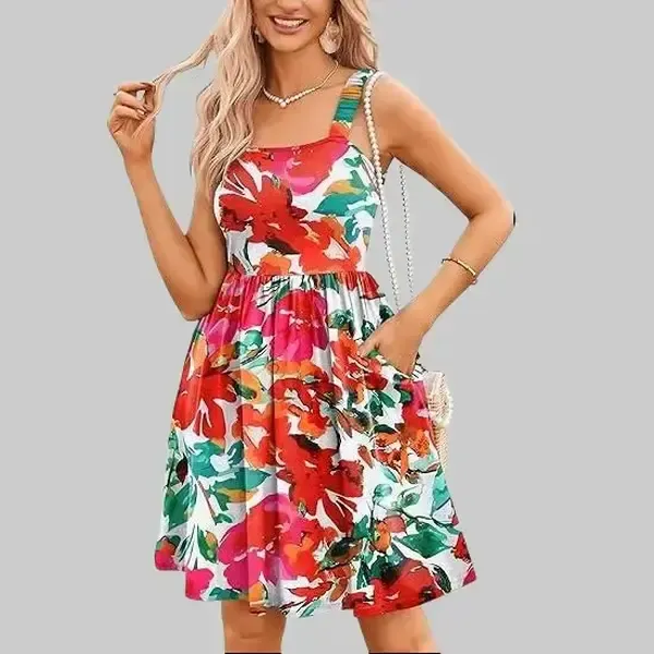 Women's Summer Dress Floral Square Neck Sleeveless Casual Dress
