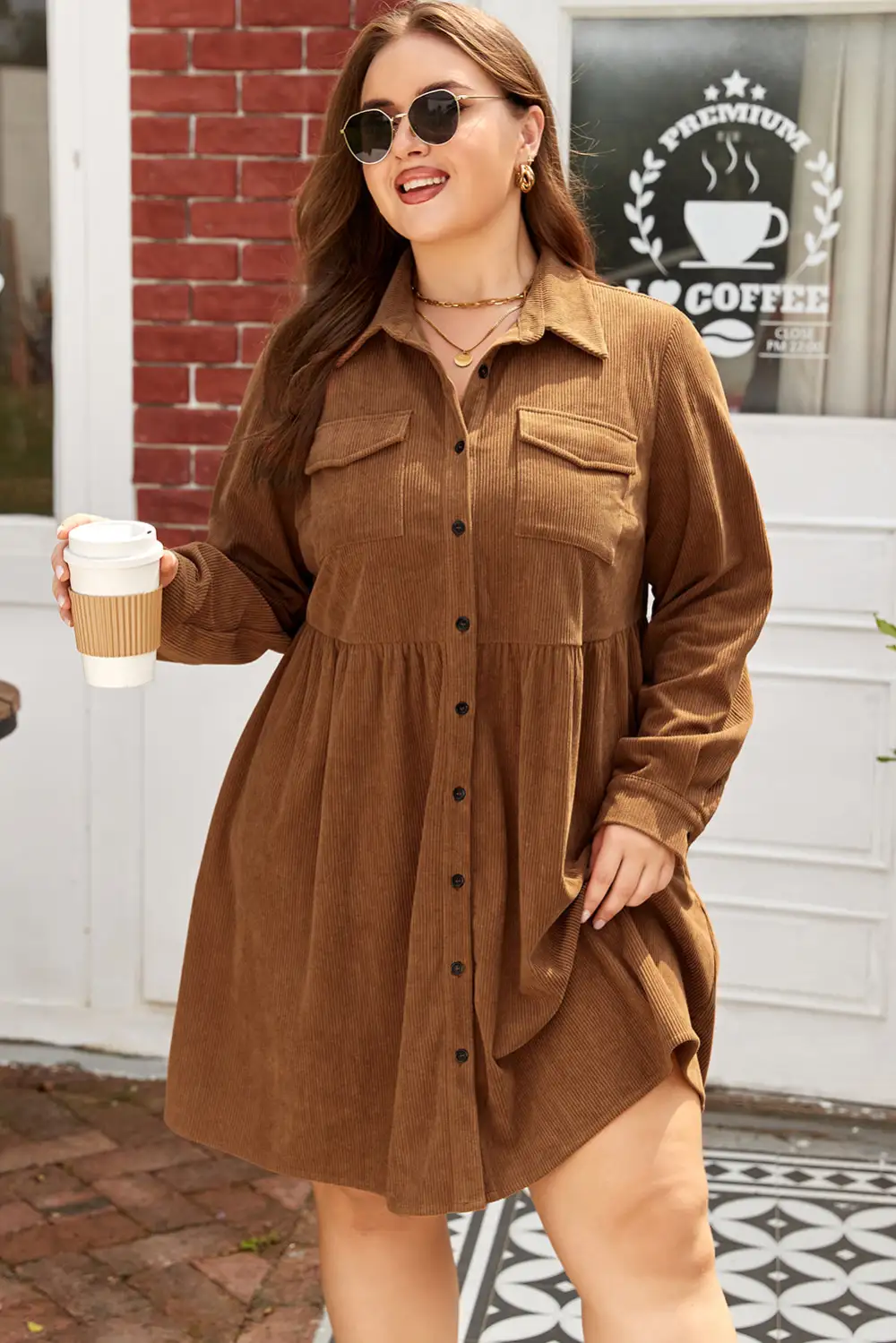 Corduroy Button Front Collared Dress Casual
