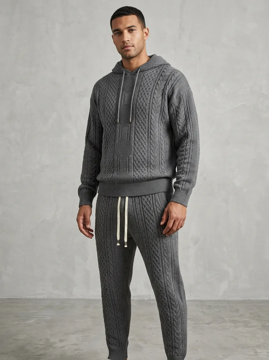 Cable-Knit Hooded Men's Knit Hoodie Jogger Set