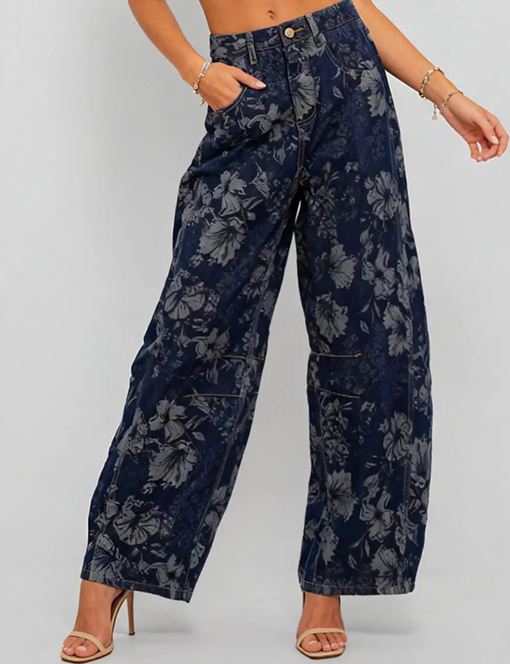 Vintage Denim Pants Floral Print Barrel Pants