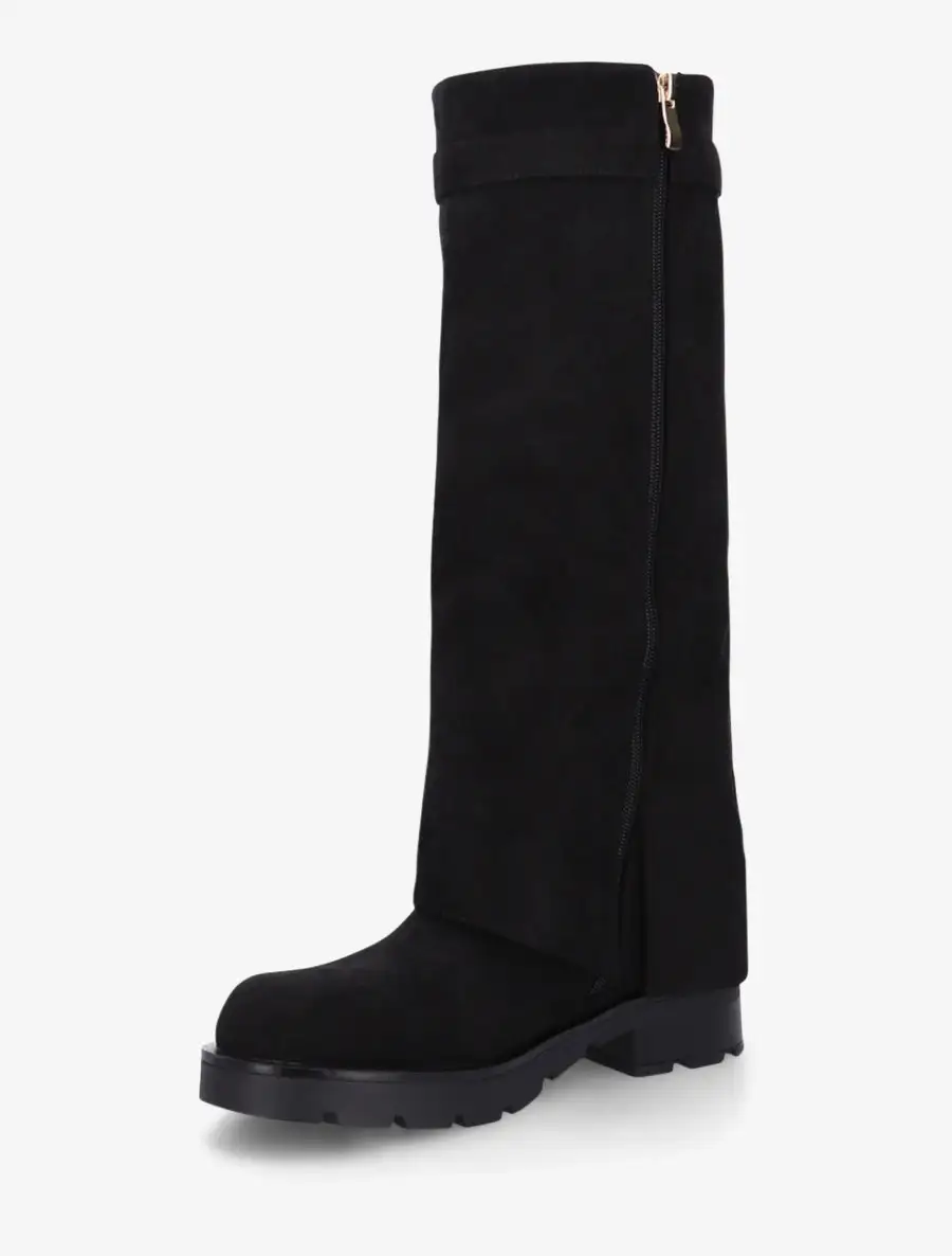 Modern Buckle Detail Block Heel Faux Suede Knee High Boots