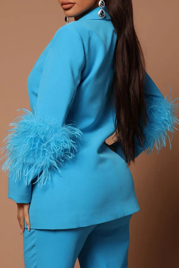 Feather Trim Stylish Pant Suit