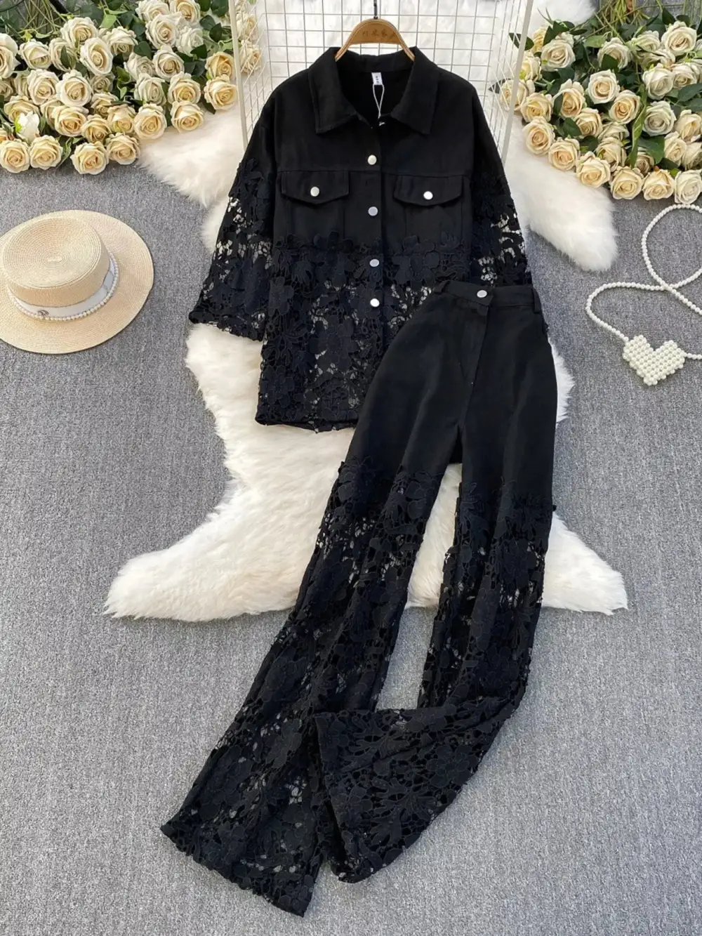 Lace Patchwork Shacket and Pants Set