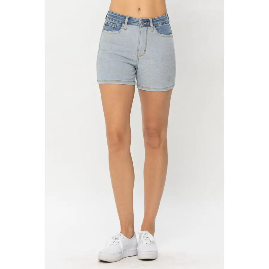 Full Size Color Block Denim Shorts