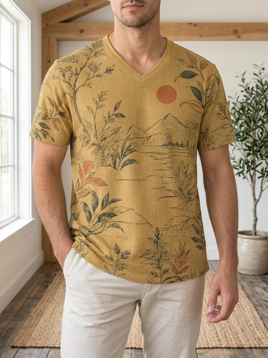 Men's Nature Landscape Sun Mountain Printed V-Neck T-Shirt