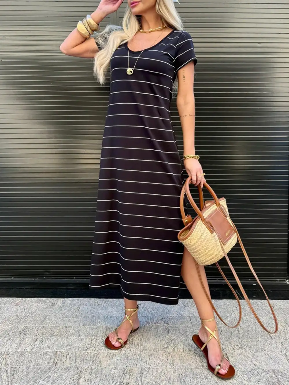 Striped Slit Midi Dress
