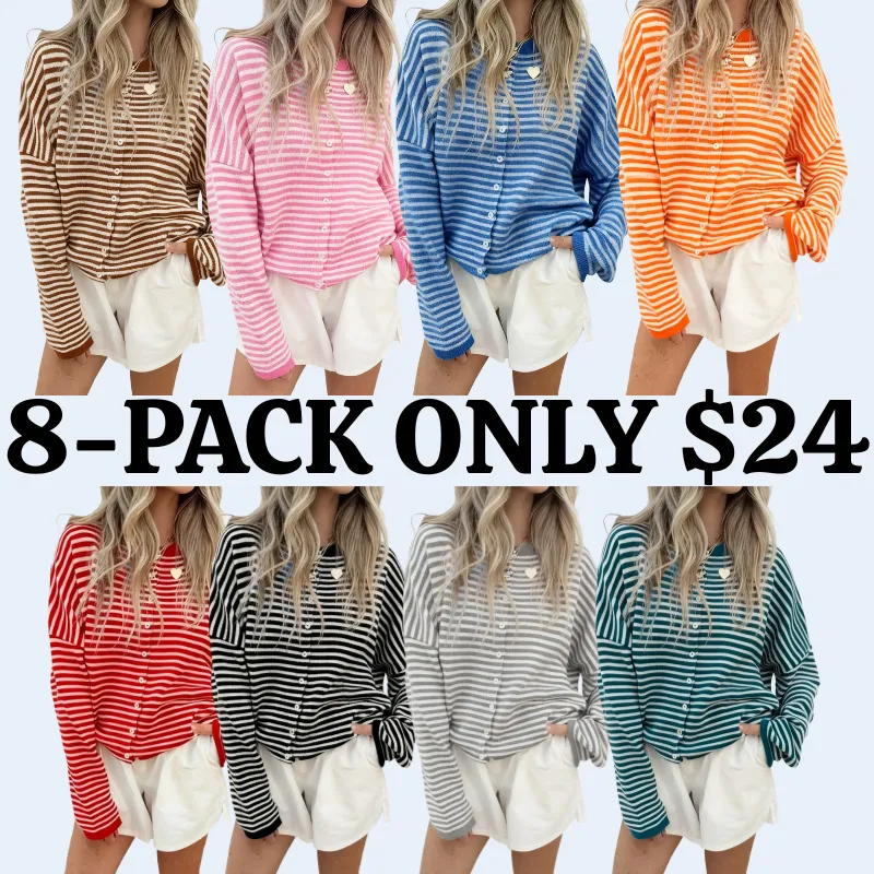Women's Striped Casual Long Sleeve Loose Knit Sweater, Lightweight Fall & Winter Fashion, Button Front Open Front Design