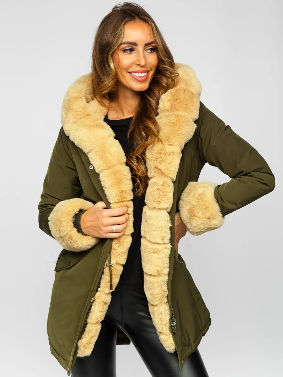 Khaki women's winter parka jacket with hood