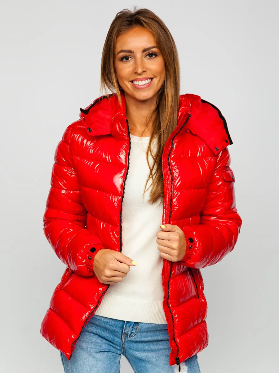 women's red quilted winter jacket with hood
