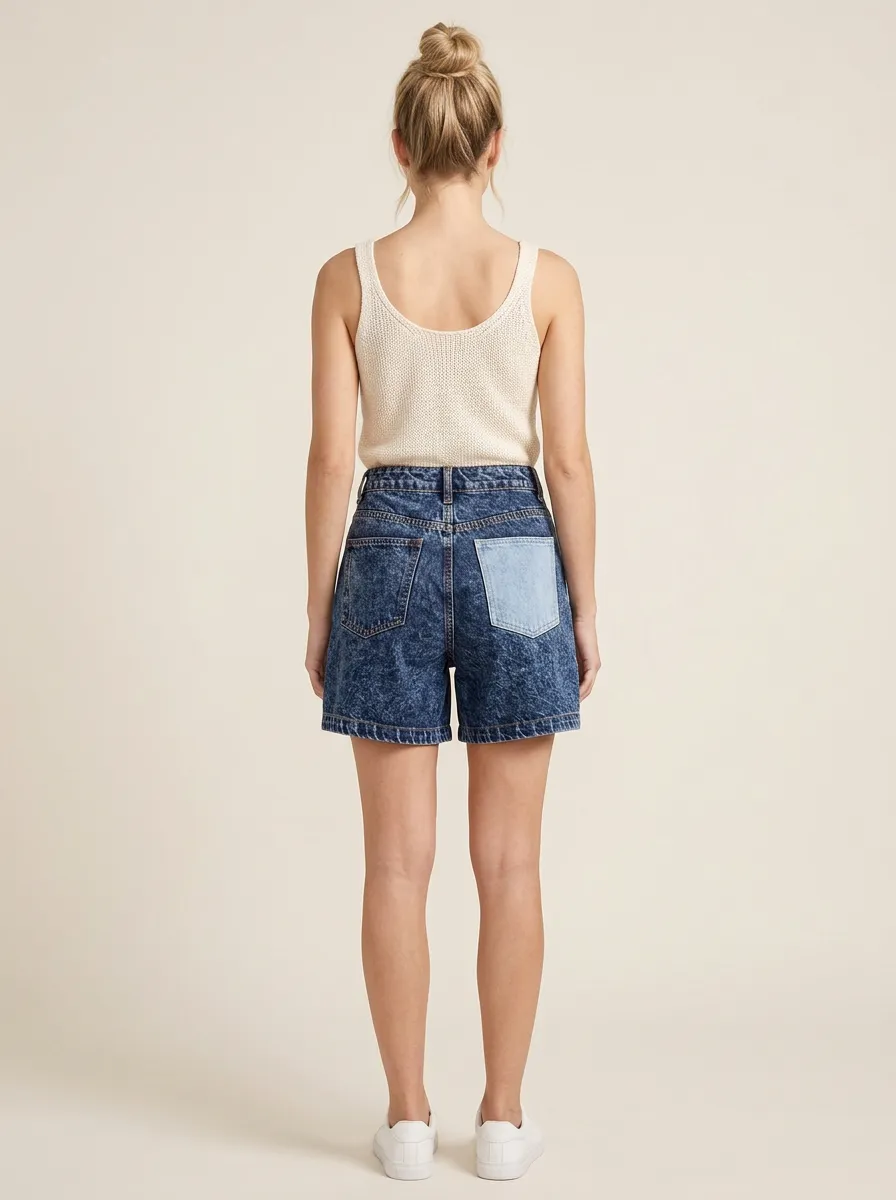 Women's Casual Fashion Acid Wash Colorblock Denim Shorts