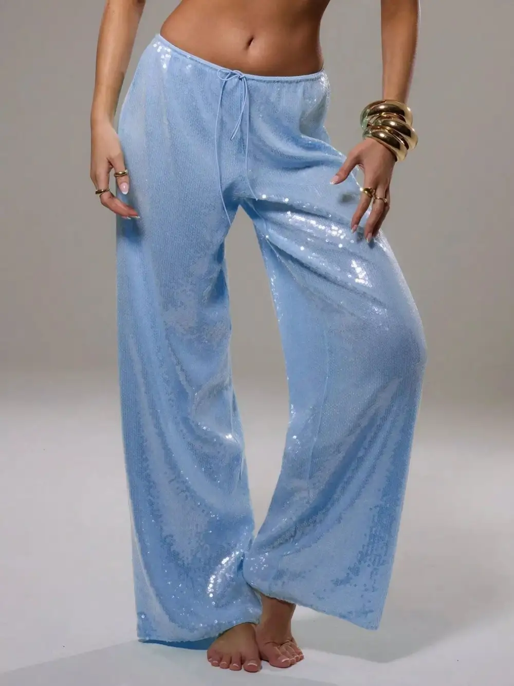 Sequin Wide Leg Drawstring Pocketed Pants