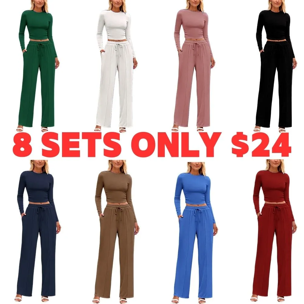 Women's 2-Piece Ribbed Knit Long Sleeve Crop Top Wide Leg Pants Matching Lounge Set Loungewear