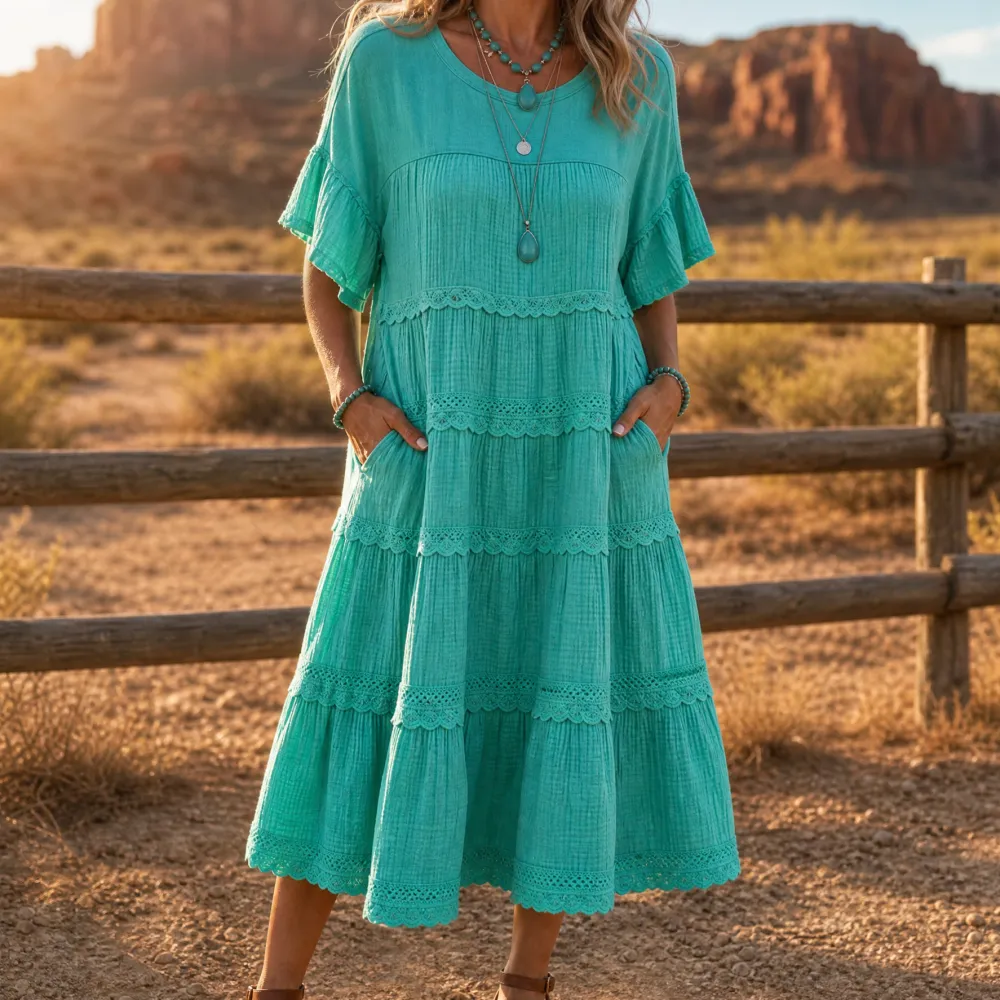Tiered Lace Trim Pocket Midi Dress