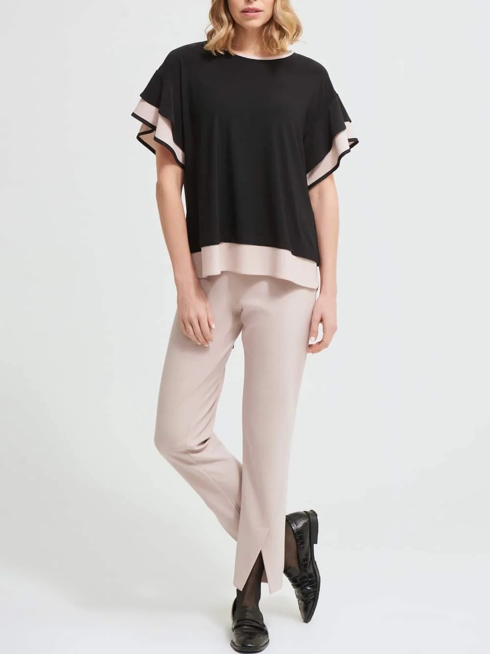 Black and Sand Ruffled Short - Sleeve Top