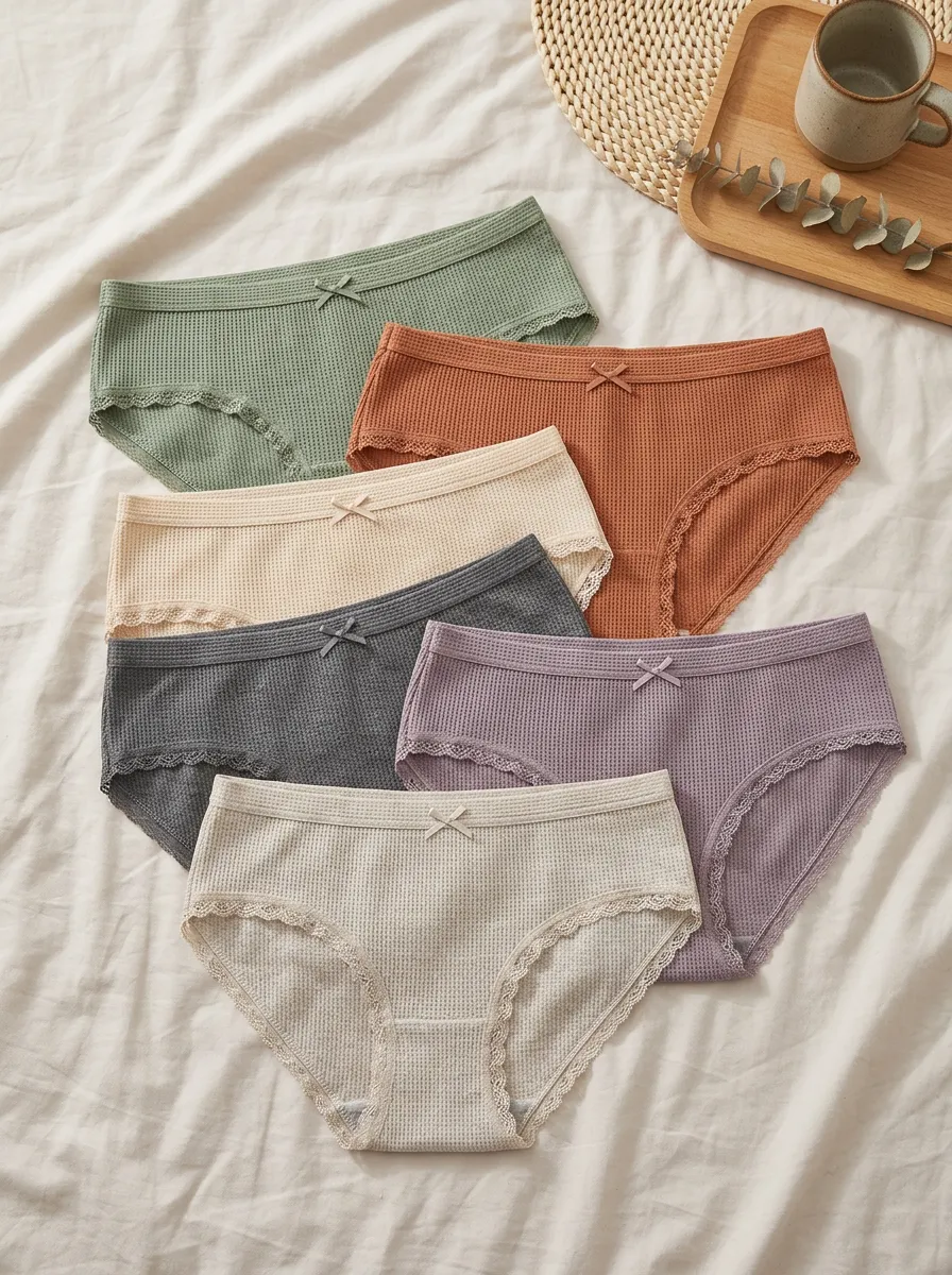 Women's Lace Trim Bow Detail Waffle Knit 6-Piece Underwear Set