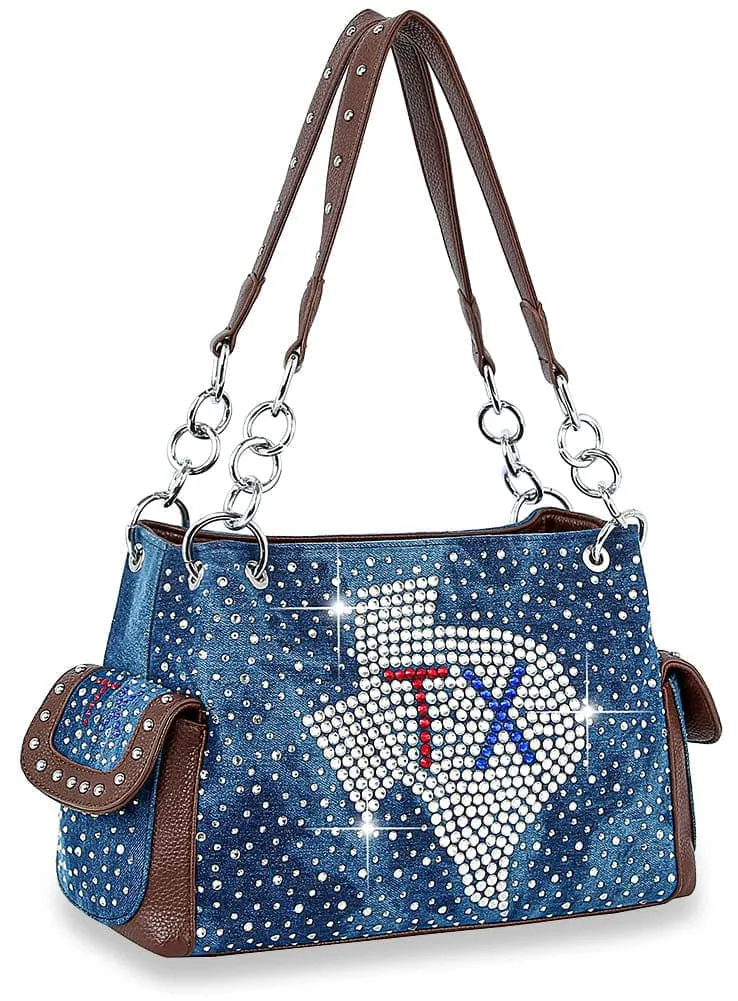 Heritage Detail Crystal Accent Pocketed Faux Leather Shoulder Bag
