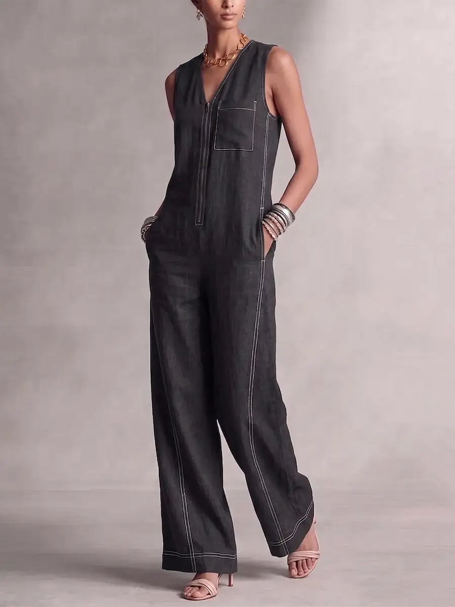 Hoog Getailleerde Mouwloze Jumpsuits Met Contrasterende Kleuren Rits
