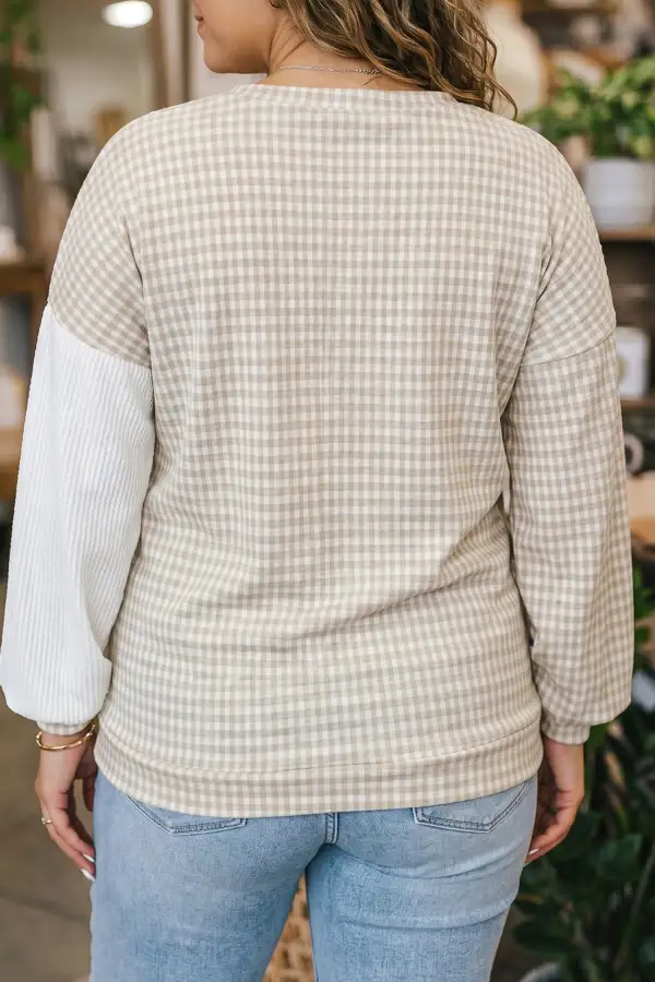 Checkered Print Round Neck Ribbed Viscose Blend Long Sleeve Top