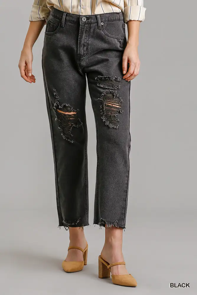 Multi Pocket Non Stretch Straight Cut Distressed Denim Jeans With Raw Hem
