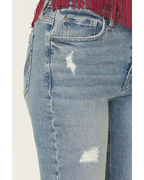Classic High Rise Flare Stretch Denim Embroidered Jeans