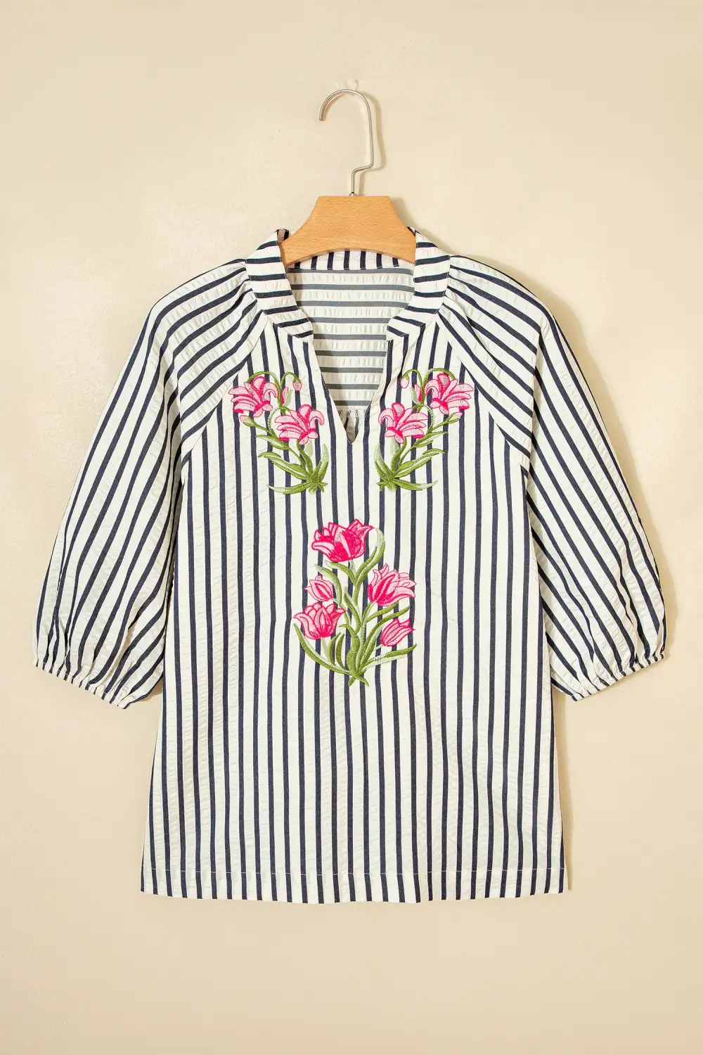 Striped Floral Embroidered Blouse