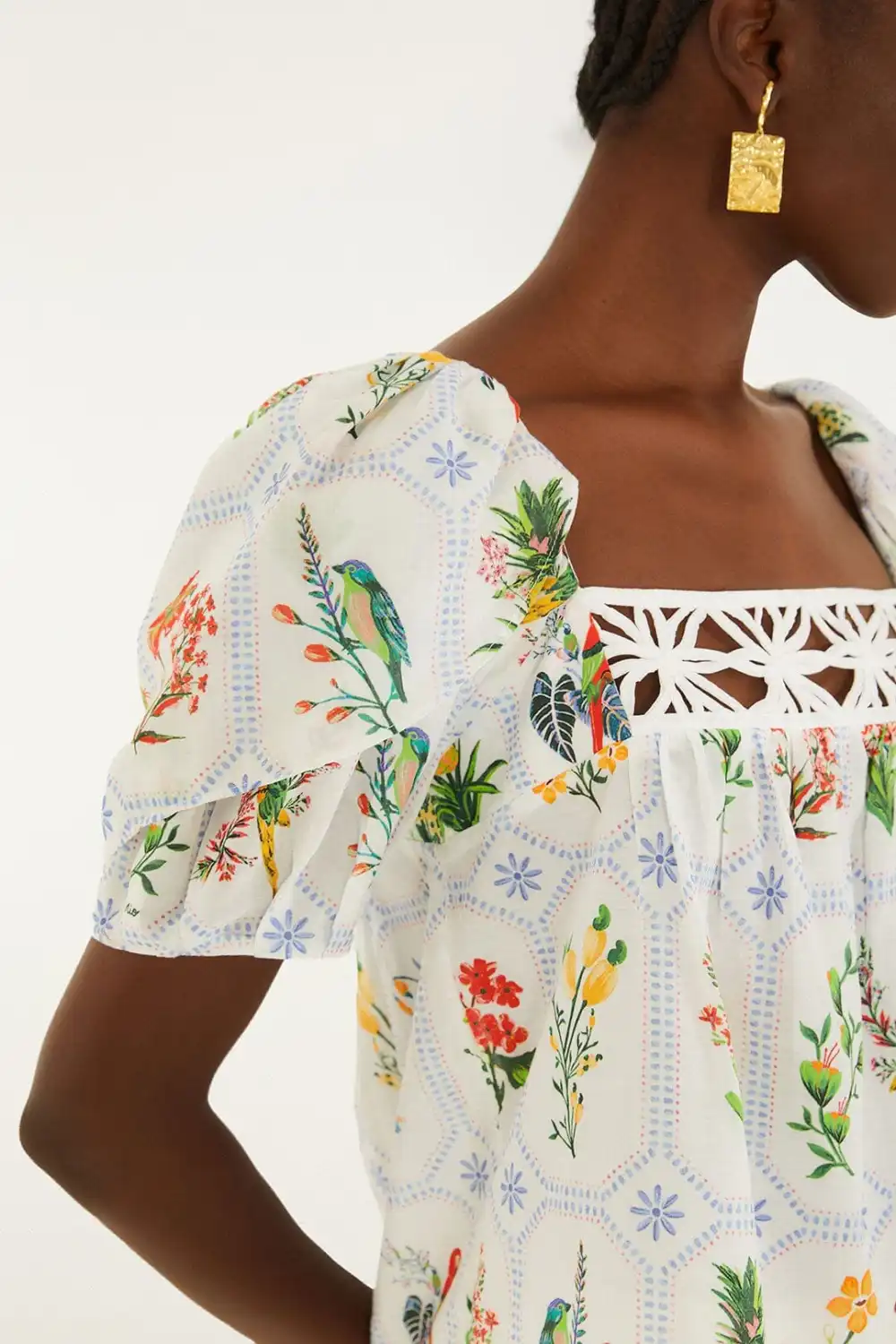 Embroidered Tropical-Print Short-Sleeve Blouse