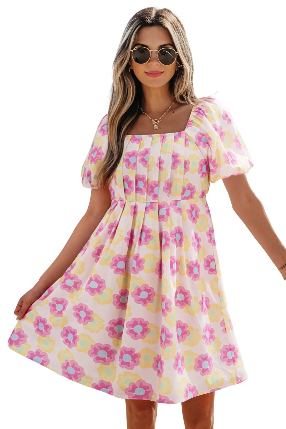 Floral Pleated Puff Sleeve Mini Dress
