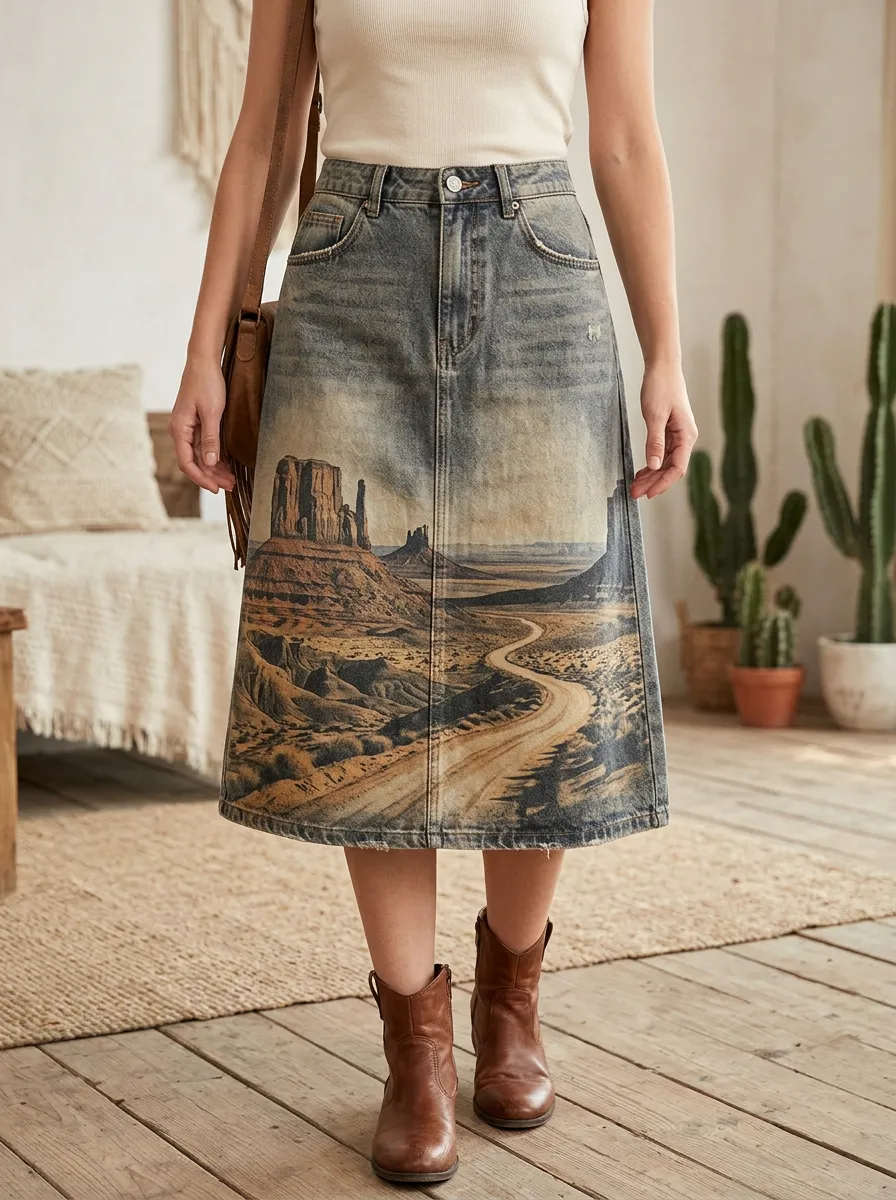 Women's Rustic Desert Print Denim Midi Skirt