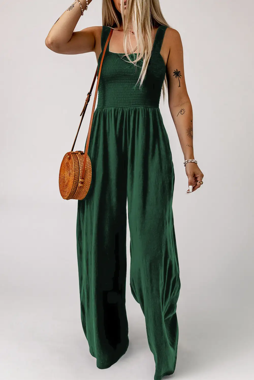 Smocked Square Neck Wide Leg Jumpsuit