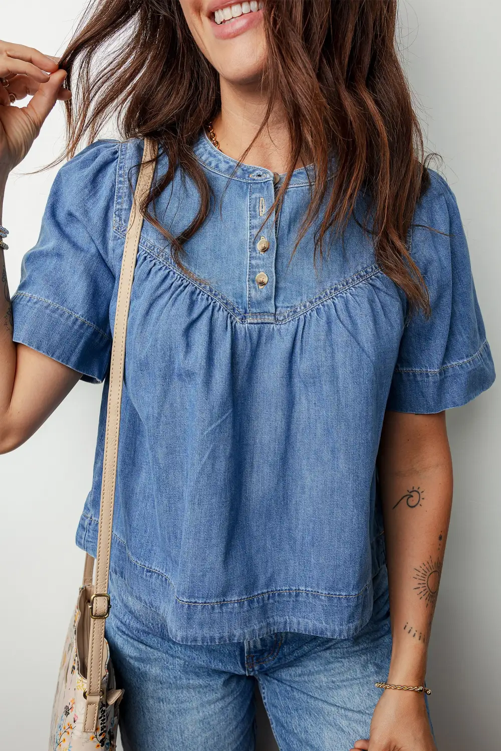 Pleated Button Front Short Sleeve Blouse