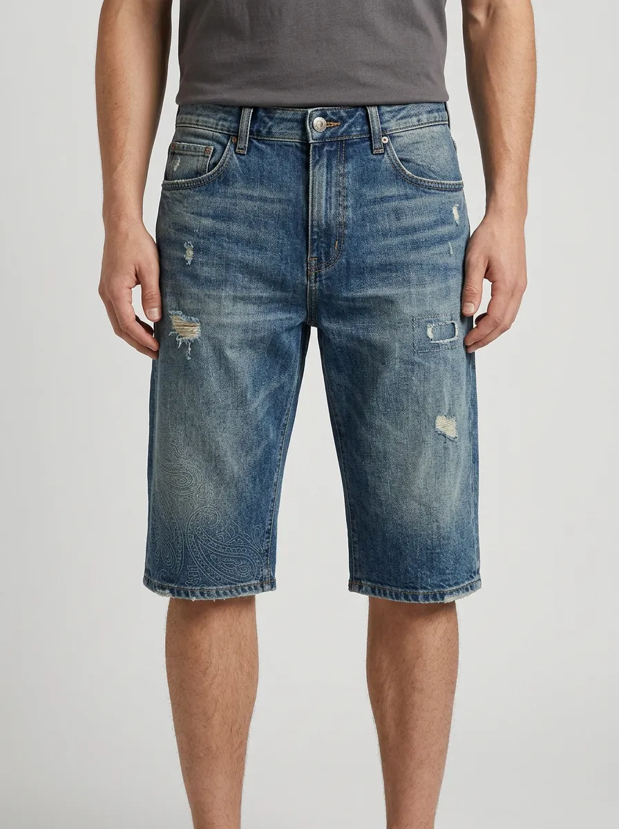 Men's Refined Distressed Raw Hem Distressed Denim Shorts