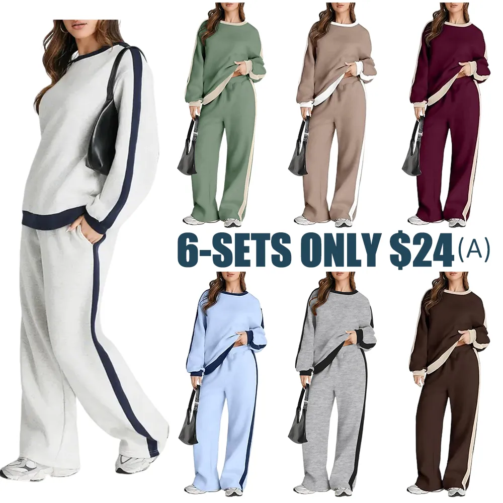 Women's 2 Piece Outfit Fleece Sweatsuit Casual Lounge Matching Sets Crewneck Loose Fit Cozy Sweatshirt & Straight Leg Sweatpants Womenswear Clothes Chic