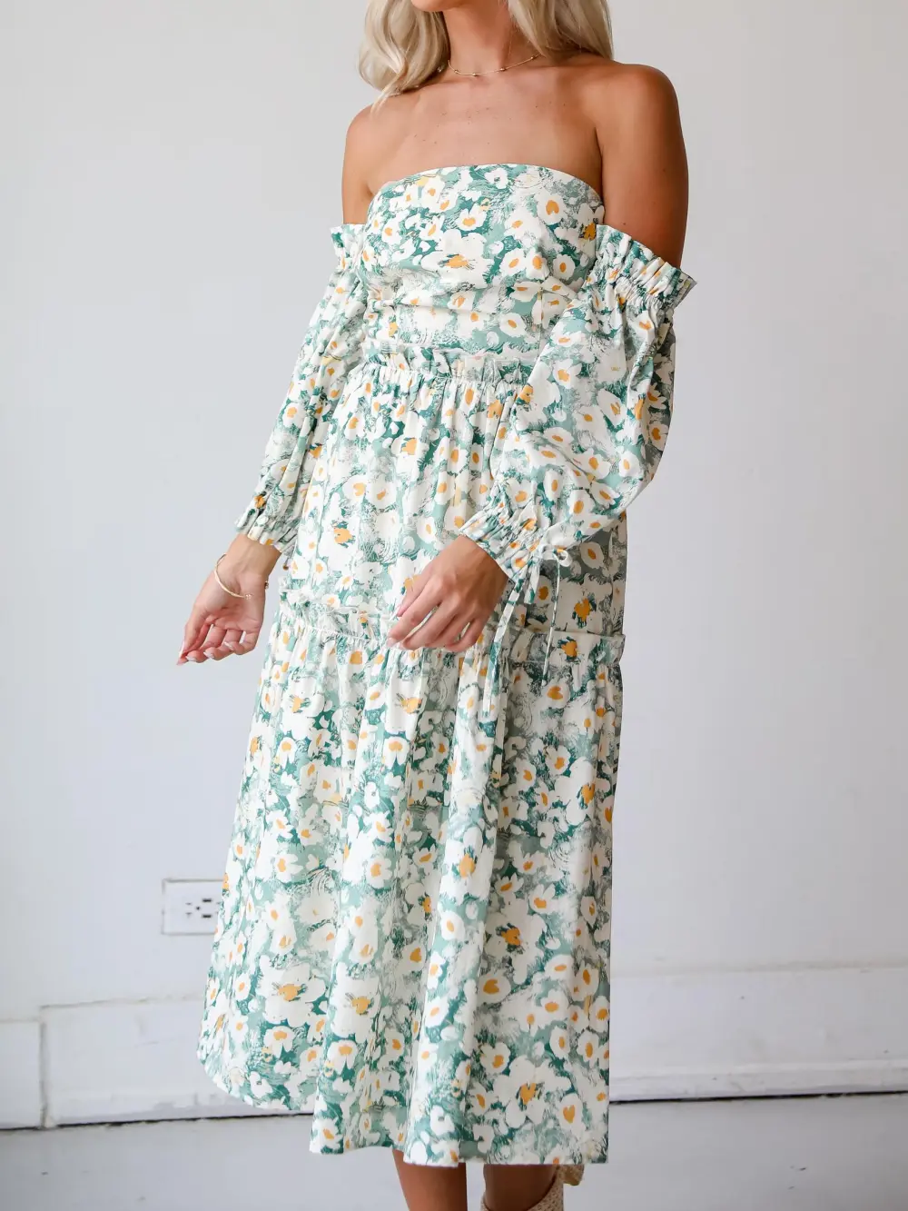 Sage Floral Off-The-Shoulder Midi Dress