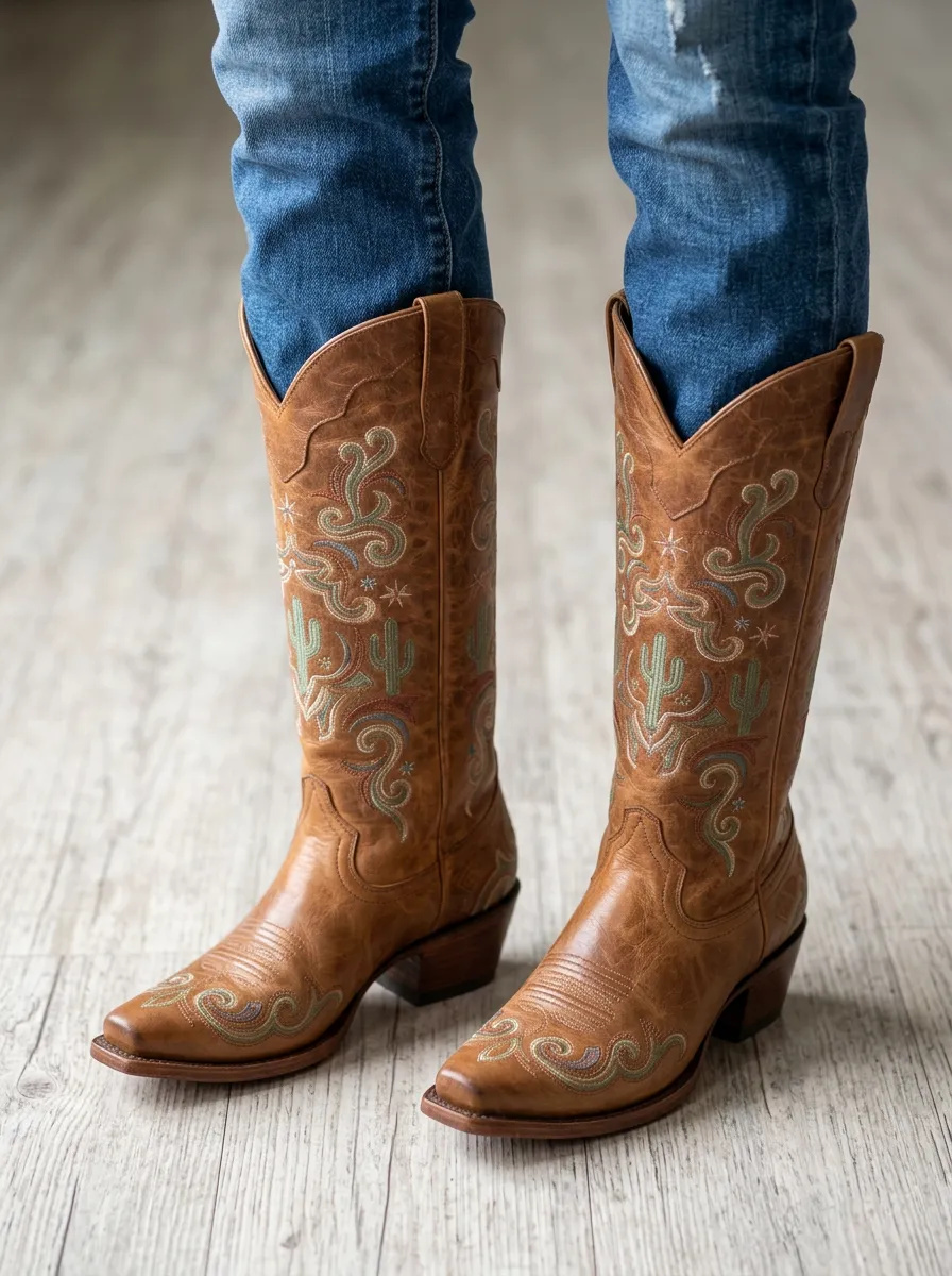 Women's Western Cactus Floral Embroidered Block-Heel Stacked-Heel Pull-On Denim Over-the-Knee Boots